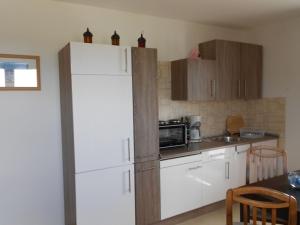 克勒珀林Spacious Apartment with Garden near Sea in Kropelin的厨房配有白色冰箱和桌子