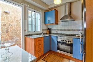 波多黎各Apartamento El Valle Puerto Rico con Jacuzzi的厨房配有蓝色橱柜和炉灶。