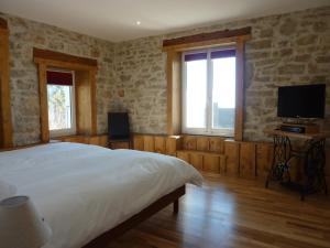 Chaumont-de-Pury肖蒙佩蒂特酒店的一间卧室设有一张床、一台电视和两个窗户。
