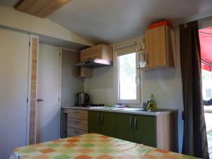 塞利讷Campsite Pisak - mobile homes by the sea的厨房配有绿色橱柜、水槽和窗户