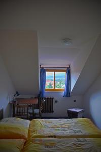 捷克克鲁姆洛夫格瑞塔民宿酒店的一间卧室设有两张床、一张桌子和一个窗口。