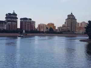 阿斯塔纳Prestige的城市中一座有建筑背景的河流
