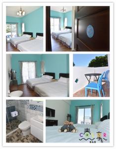 台东台东加路兰春享COLOR民宿 的一张带床和桌子的房间的照片拼在一起