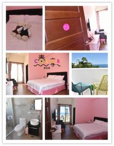 台东台东加路兰春享COLOR民宿 的卧室照片的拼贴,卧室里有一泰迪熊和一张床