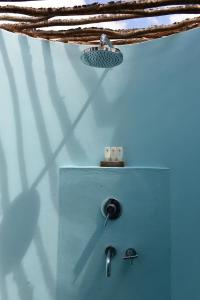 Rodrigues Island巴库瓦山林小屋的浴室设有蓝色墙壁和水槽
