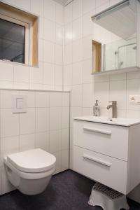 霍尔斯沃德吕尔Bryggjur的白色的浴室设有卫生间和水槽。
