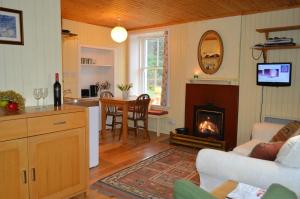StrachurGlenbranter Cottage的带壁炉的客厅和带桌子的厨房。
