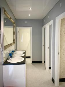 贝尔法斯特Lagan Backpackers的浴室设有一排盥洗盆和镜子