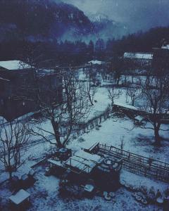 马拉里Orchards House - The Hidden Tribe的雪覆盖的院子的黑白照片
