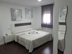 普拉森西亚格耶思科广场旅馆的一间卧室配有一张床和镜子