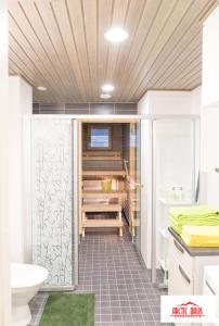 罗瓦涅米Arctic Oasis Apartments的带淋浴、卫生间和盥洗盆的浴室
