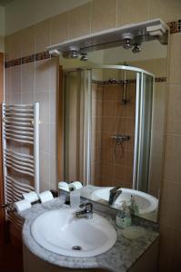 鲍洛托内瑟德Vadszilva Apartman的一间带水槽、淋浴和镜子的浴室