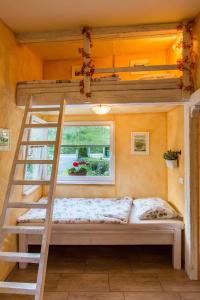 布莱德House Gabrijel with four seasons outdoor kitchen的一个小房子里的一张双层床,设有窗户