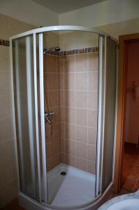 鲍洛托内瑟德Vadszilva Apartman的浴室里设有玻璃门淋浴
