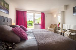 斯欣奥普赫尔Panorama Sousberg B&B en appartementen的一间卧室配有一张带紫色枕头的大床