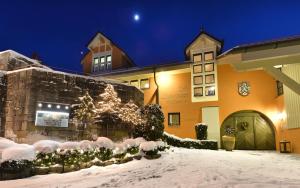 波彭豪森兰道思霍夫瓦瑟库佩酒店的雪中有一棵圣诞树的建筑