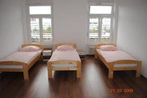 普福尔茨海姆Monteurzimmer-Apartment Scholl Pforzheim的带2扇窗户的客房内的3张床