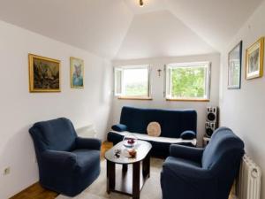 格鲁达Apartment Dubrovnik Banac的客厅配有2把蓝色椅子和桌子