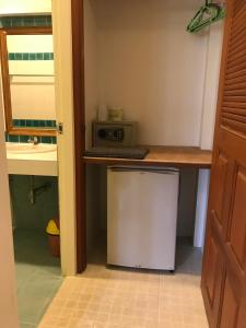 象岛棕榈花园公寓的一个带柜台和水槽的小厨房