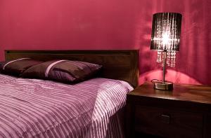 克雷尼察Apartament Kryształowy的一间卧室配有一张床和一张带台灯的桌子