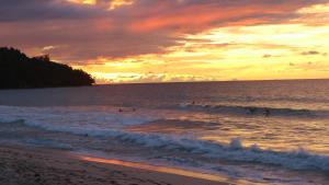 古达坦帕祖阿曼山林小屋的一群人在日落时在海洋里冲浪