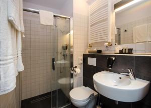 卡托维兹Best Western Hotel Mariacki Katowice的一间带水槽、卫生间和淋浴的浴室
