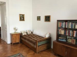 维也纳一楼88平方米公寓的一间配有沙发的房间和书架