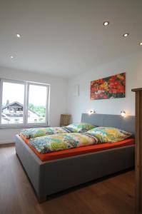 林道Ferien im Hummelhaus的一间卧室配有一张带彩色毯子的床