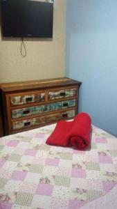瓜尔达恩巴Pousada da Guarda的红色枕头坐在床上,墙上配有电视