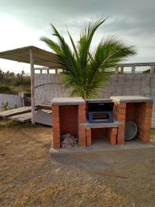 BocapánBonanza Beach House Zorritos的砖炉,里面有狗睡在里面