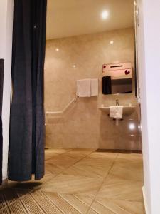 巴黎布鲁塞尔酒店的一间带水槽和毛巾分配器的浴室
