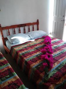 孔塔多拉Hotel Contadora的一间卧室,床上有粉红色的鲜花
