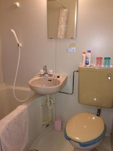茅野四季之宿宾馆的一间带水槽、卫生间和镜子的浴室