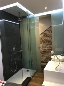 巴利亚多利德AIRVA: Apartamento Duque de la Victoria的一间带玻璃淋浴和水槽的浴室