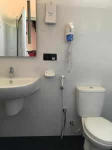 米瑞莎勒马祖恩旅馆的一间带卫生间、水槽和镜子的浴室