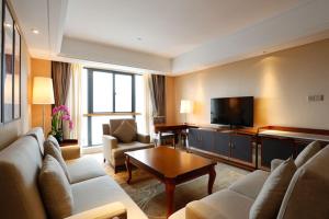 Jiangning南京东航华美达酒店的带沙发和电视的客厅