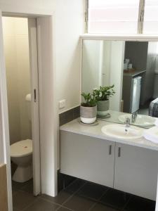 LavingtonNorthside Hotel Albury的一间带水槽、镜子和卫生间的浴室