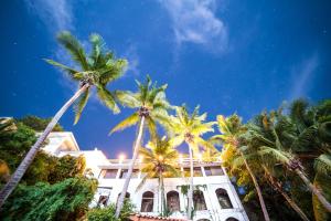 孔塔多拉康迪萨德尔马别墅酒店的一座棕榈树环绕的建筑,位于天空前