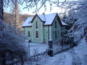 科希策泽拉提雅兰旅馆的雪中带围栏的绿色房子