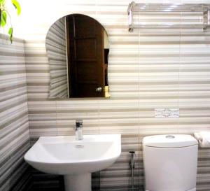 独鲁万吉臣酒店的一间带水槽、卫生间和镜子的浴室