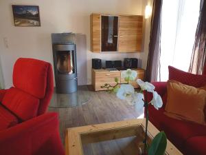 柯尼希斯湖畔舍瑙Haus Irlinger的客厅设有红色的沙发和壁炉