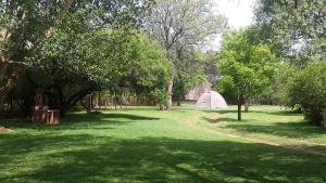 MakenaShankara Rest Camp的绿树成荫的田野中间的白色帐篷