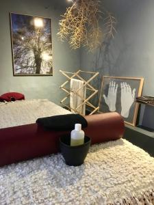 蒙彼利埃"Chambre d'Autres", massages的卧室配有一张床,地毯上有两双脚