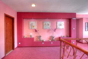 旧扎戈拉马尼尔家庭酒店的一间设有粉红色墙壁、桌子和鲜花的房间