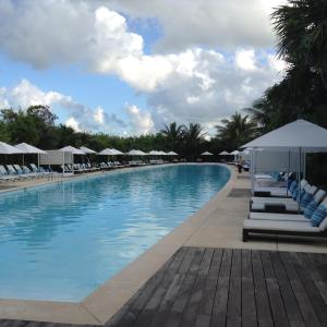 普拉亚卡门Suites at Mayan Palace Vidanta Resort Riviera Maya的一个带躺椅和遮阳伞的大型游泳池