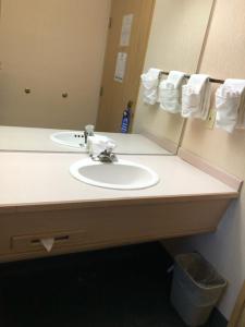 马姆莫斯湖猛犸湖希罗酒店的浴室的柜台设有水槽和镜子