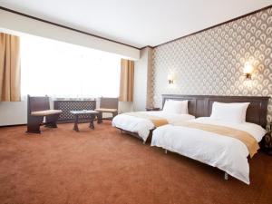 布加勒斯特国际布加勒斯特市中心酒店的酒店客房设有两张床和大窗户。
