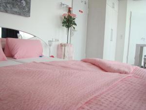 朗根阿根贝拉卡萨酒店的卧室配有粉红色的床和粉红色的棉被