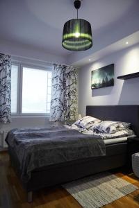 罗瓦涅米Arctic Oasis Apartments的一间卧室配有一张床和吊灯