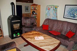 布德明gro_zuegige Ferienwohnung mit Kamin的带沙发和燃木炉的客厅